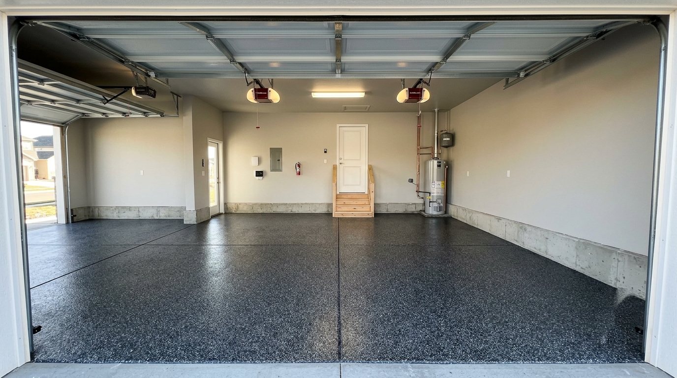 After — charcoal epoxy flake floor in a 3-car garage