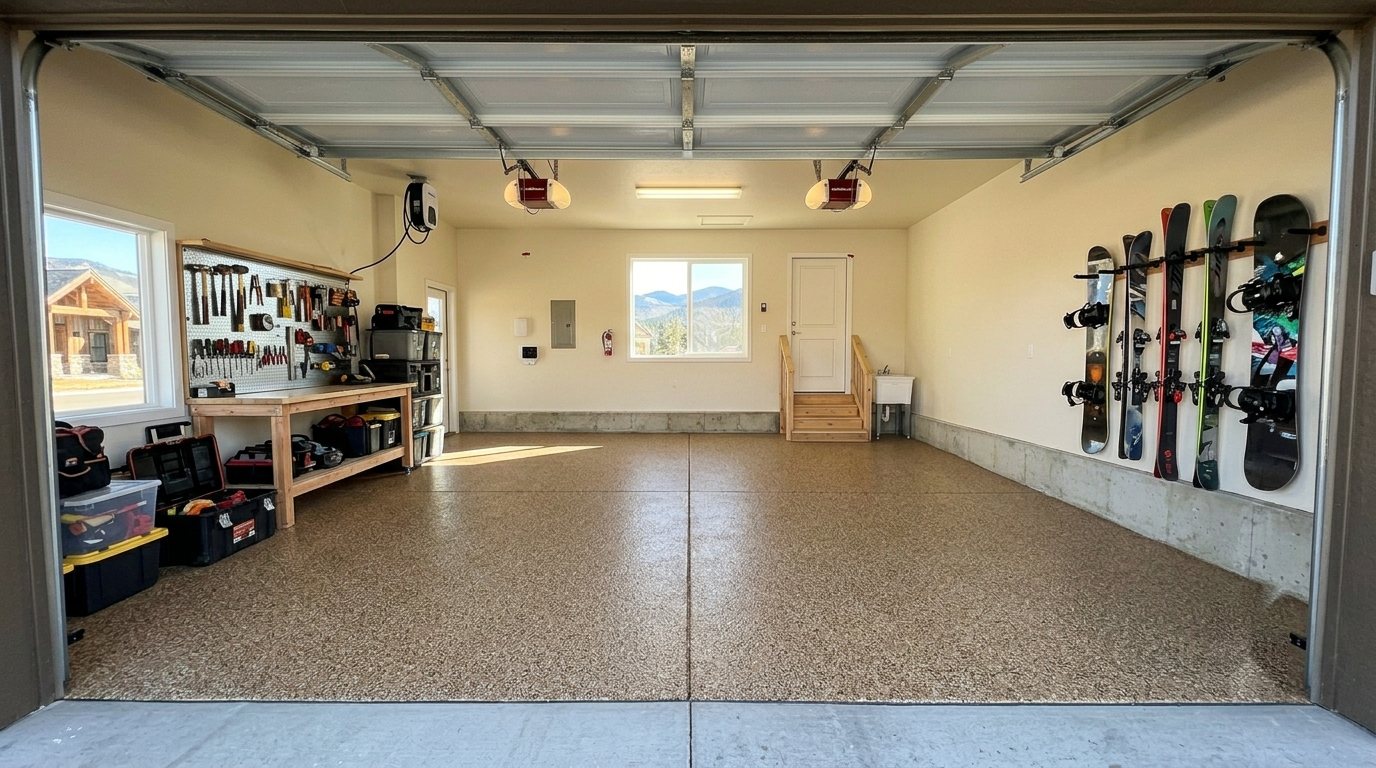 After — earth-tone epoxy flake floor in a Colorado mountain ski garage