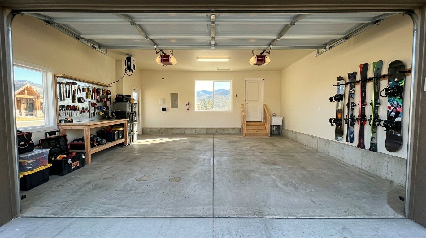 Before — bare concrete floor in a mountain ski garage