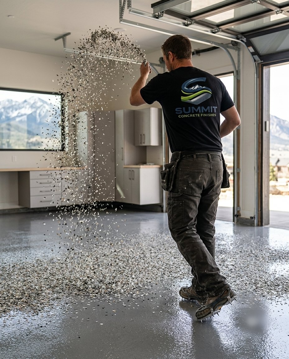 Summit Concrete Finishes installer broadcasting epoxy flakes onto a fresh base coat in a Colorado mountain garage