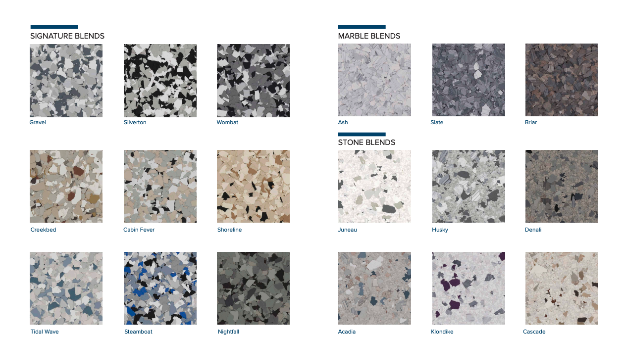 Summit Concrete Finishes flake color chart — available blends for epoxy garage floors